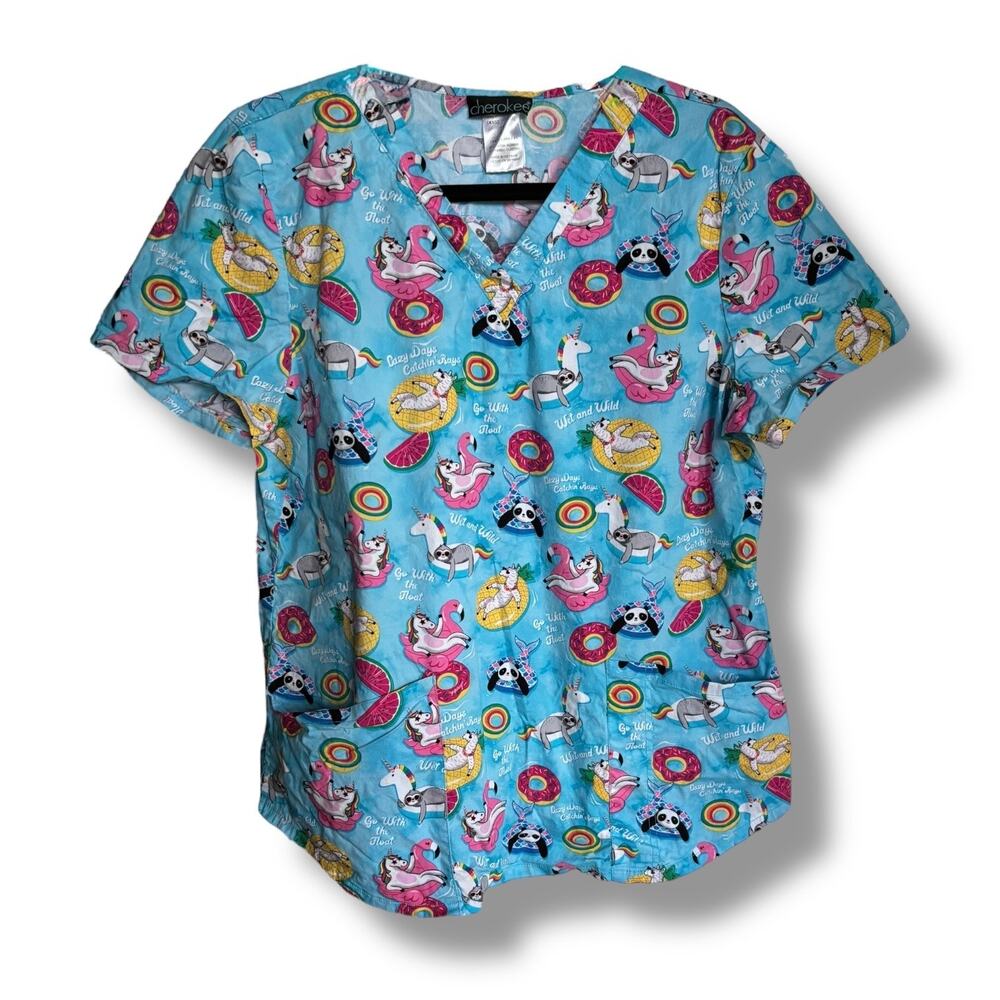 Cherokee Scrub Top L‎ Blue Go with the Float Unicorn Sloth Panda Llama